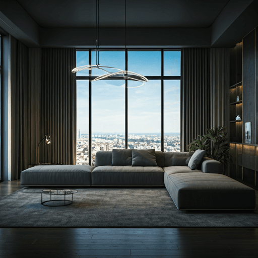 Oficina moderna con luz natural, mobiliario minimalista.